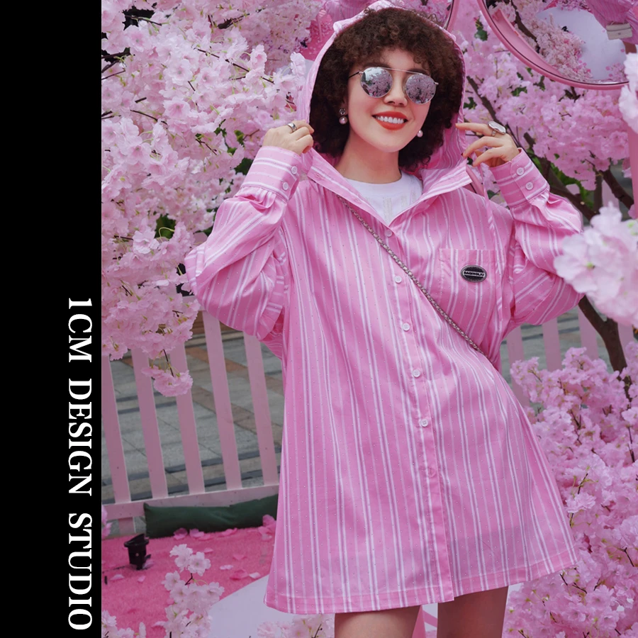 【DAQINGLIU X 奕】原创设计师品牌 2025新款 连帽烫钻条纹衬衫