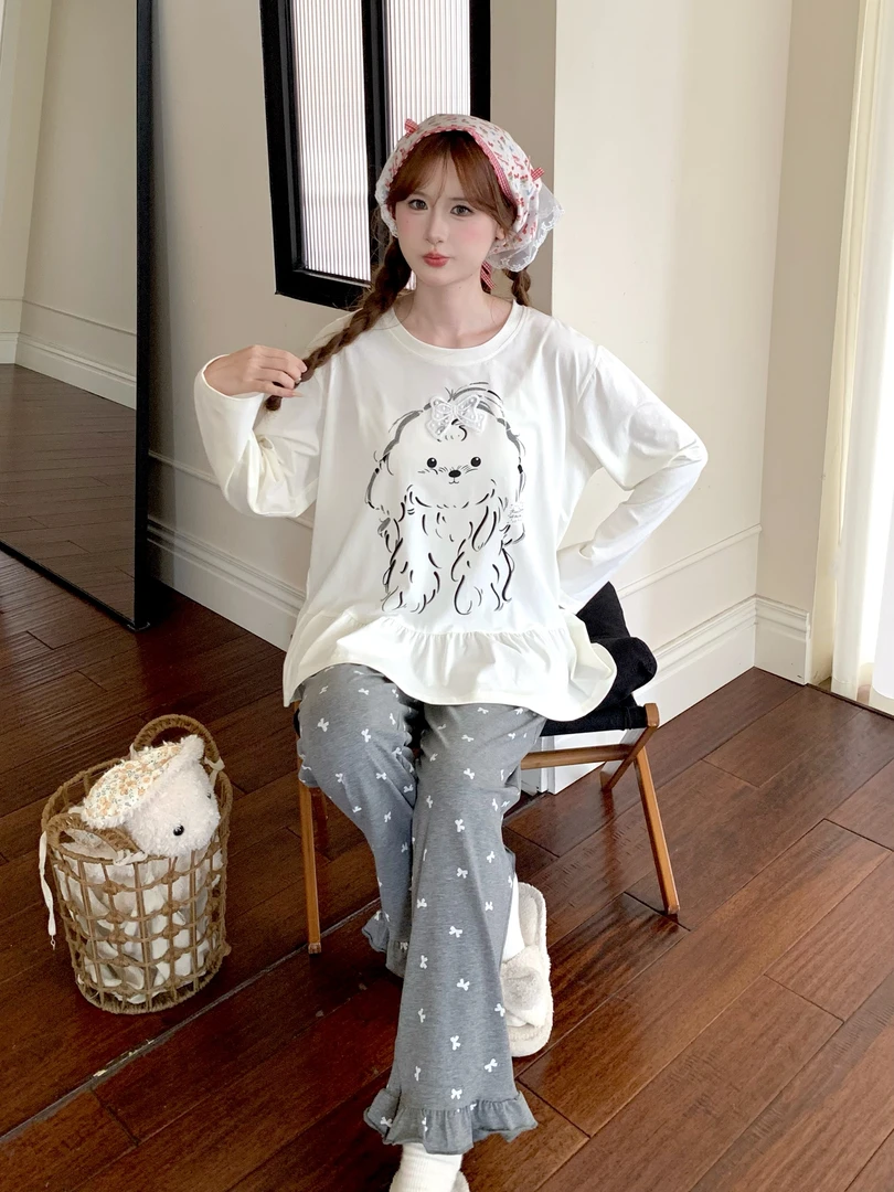 韩版可爱素描小狗睡衣女秋季新款长袖纯棉休闲家居服套装