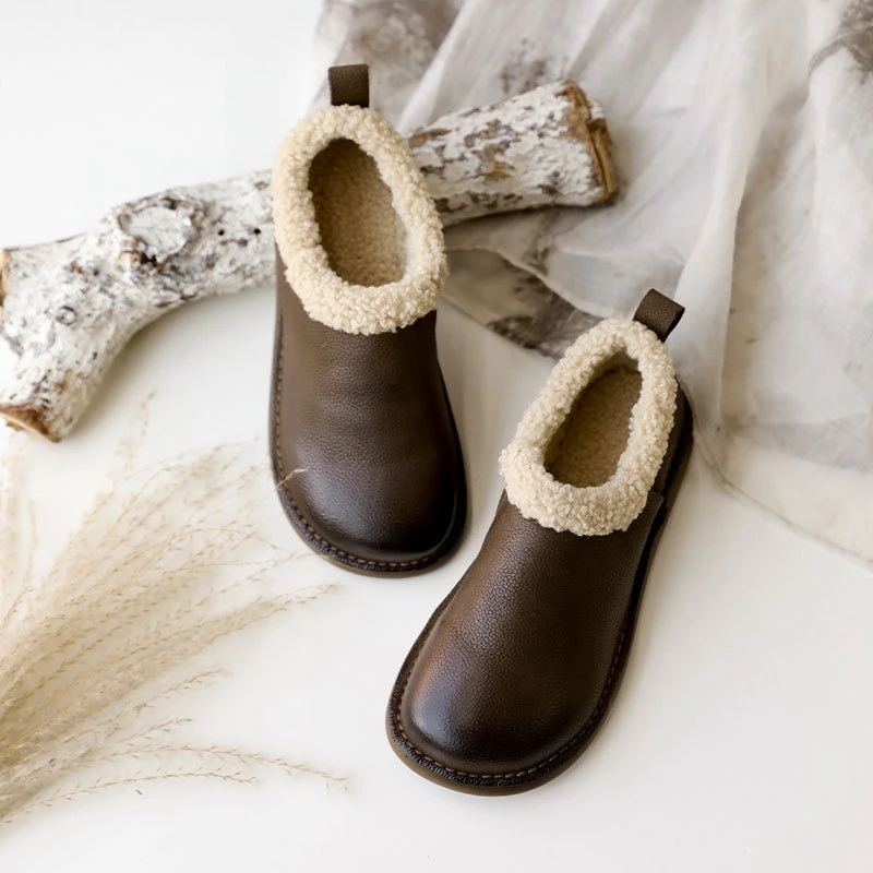 牛皮加绒棉鞋保暖舒适软底平跟擦色手工缝线复古休闲女棉鞋