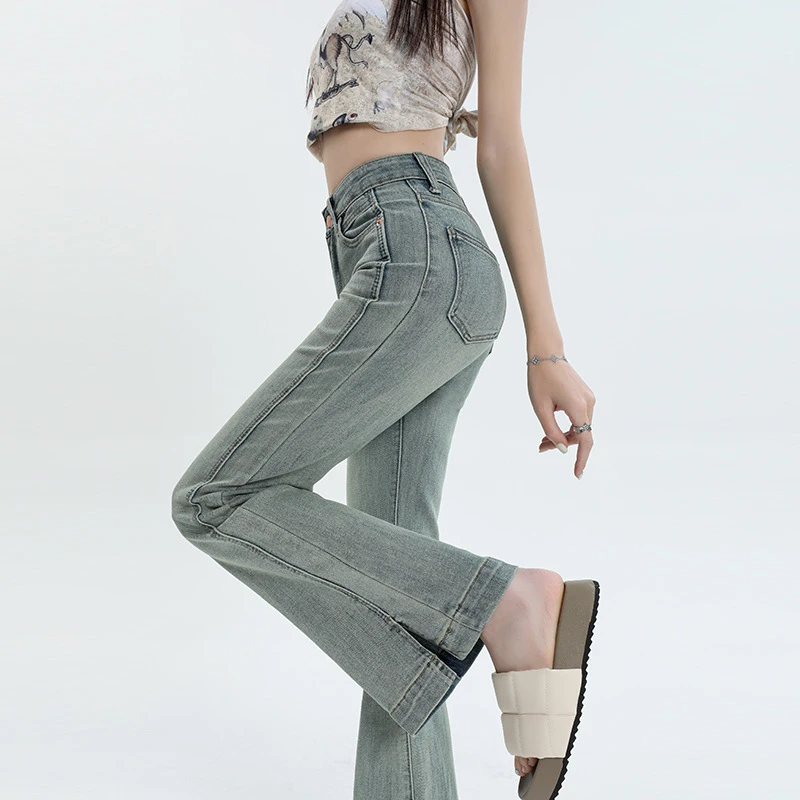开叉牛仔裤女高腰弹力女秋辣妹牛仔裤牛仔裤微喇裤
