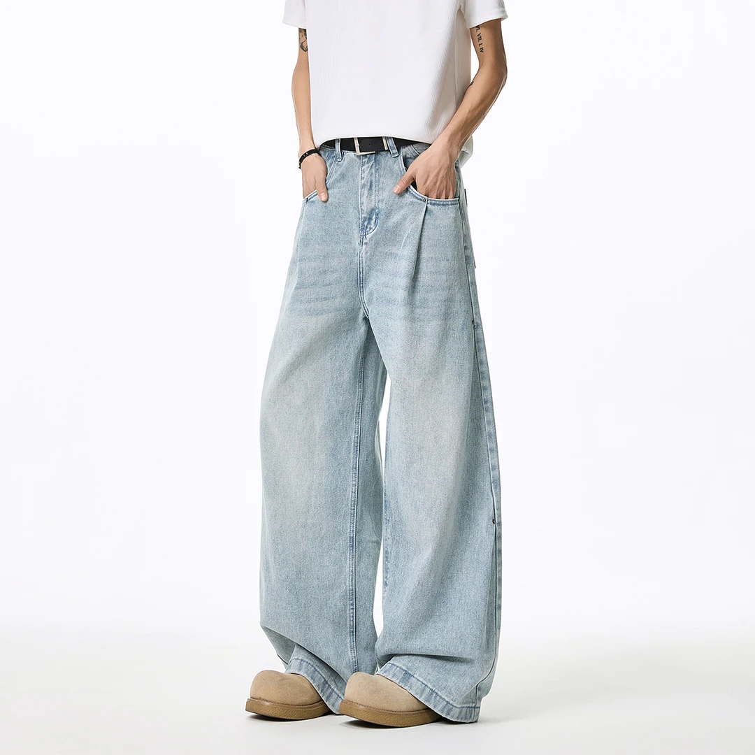 浅蓝复古褶皱阔腿裤牛仔裤春季显瘦高街水洗宽松直筒潮流休闲裤子