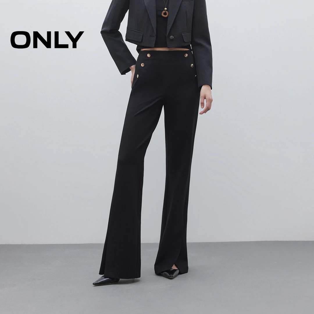 ONLY2025秋季新款通勤垂感黑色喇叭开衩长裤休闲裤女|125314018
