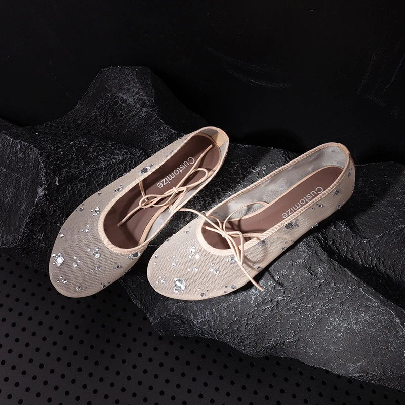 小众设计感仙女风平底芭蕾网纱鞋新款水钻蝴蝶结浅口玛丽珍单鞋女