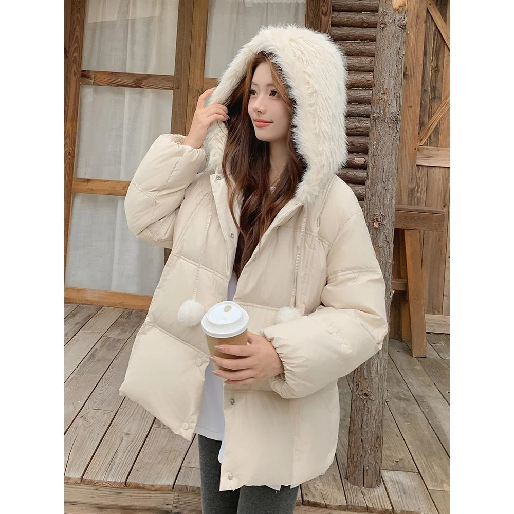 VOCKOO官方巨好看羽绒服女冬季2025新款短款小个子毛绒拼接连帽面