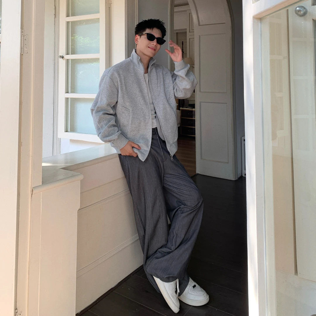 Holocene美式潮牌秋季休闲立领夹克外套男高级感开衫卫衣WT93302