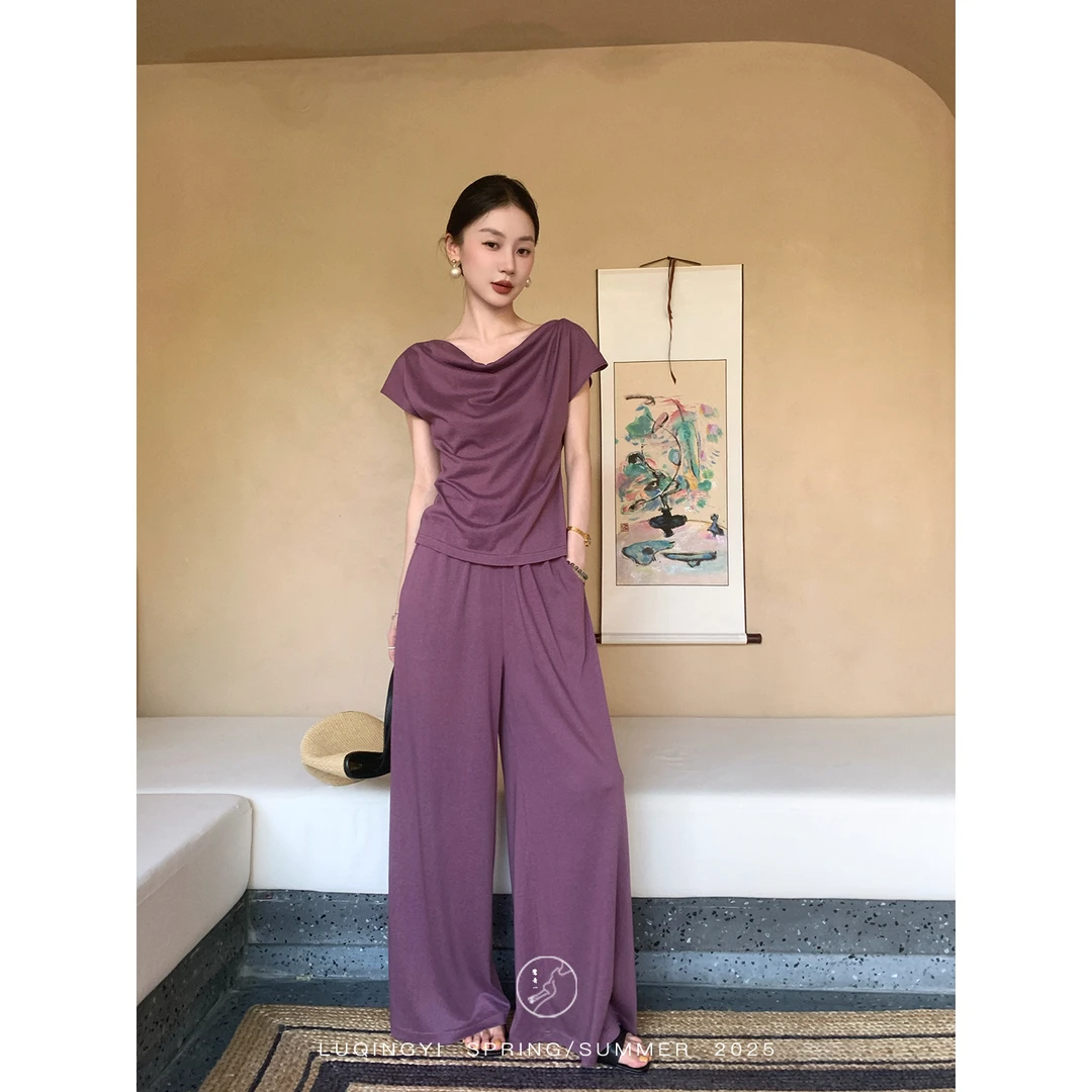 鹭青一原创【无念】莱赛尔棉舒适休闲两穿T恤休闲裤L25B1054L