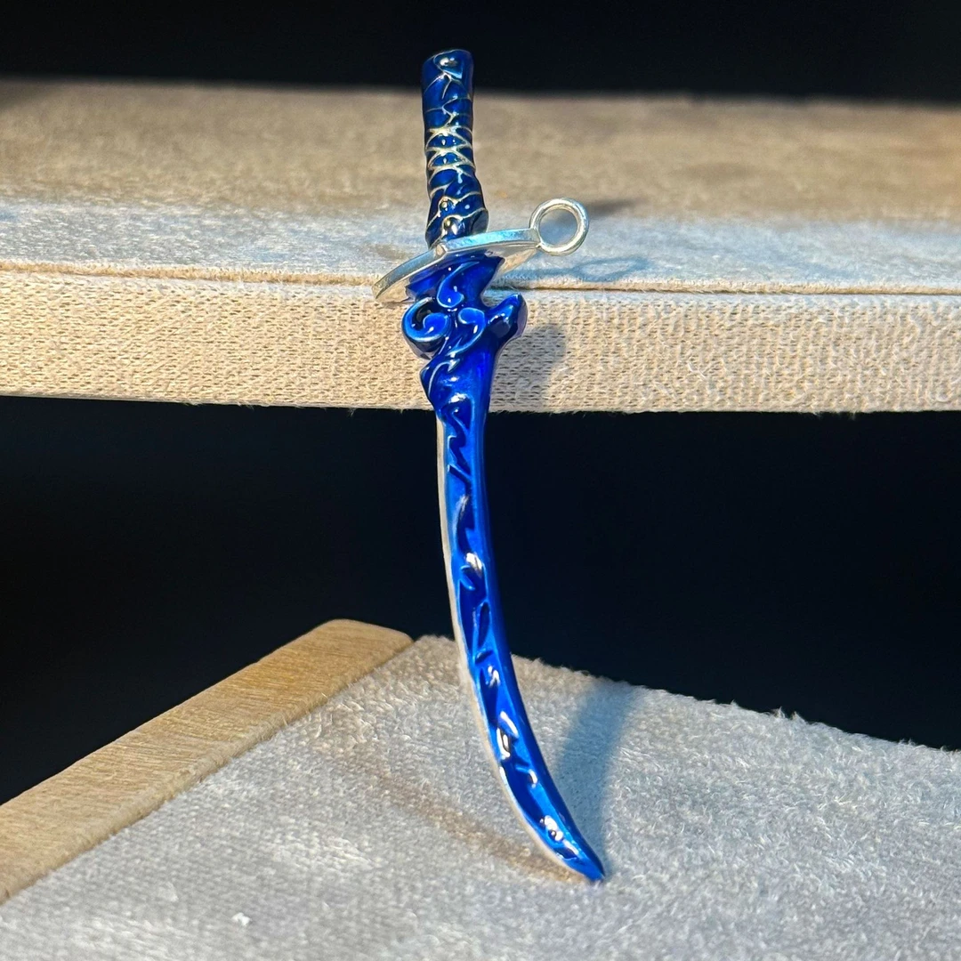 吊坠足银 银项链精致吊坠复古银制品时尚蓝色武士刀吊坠银古风