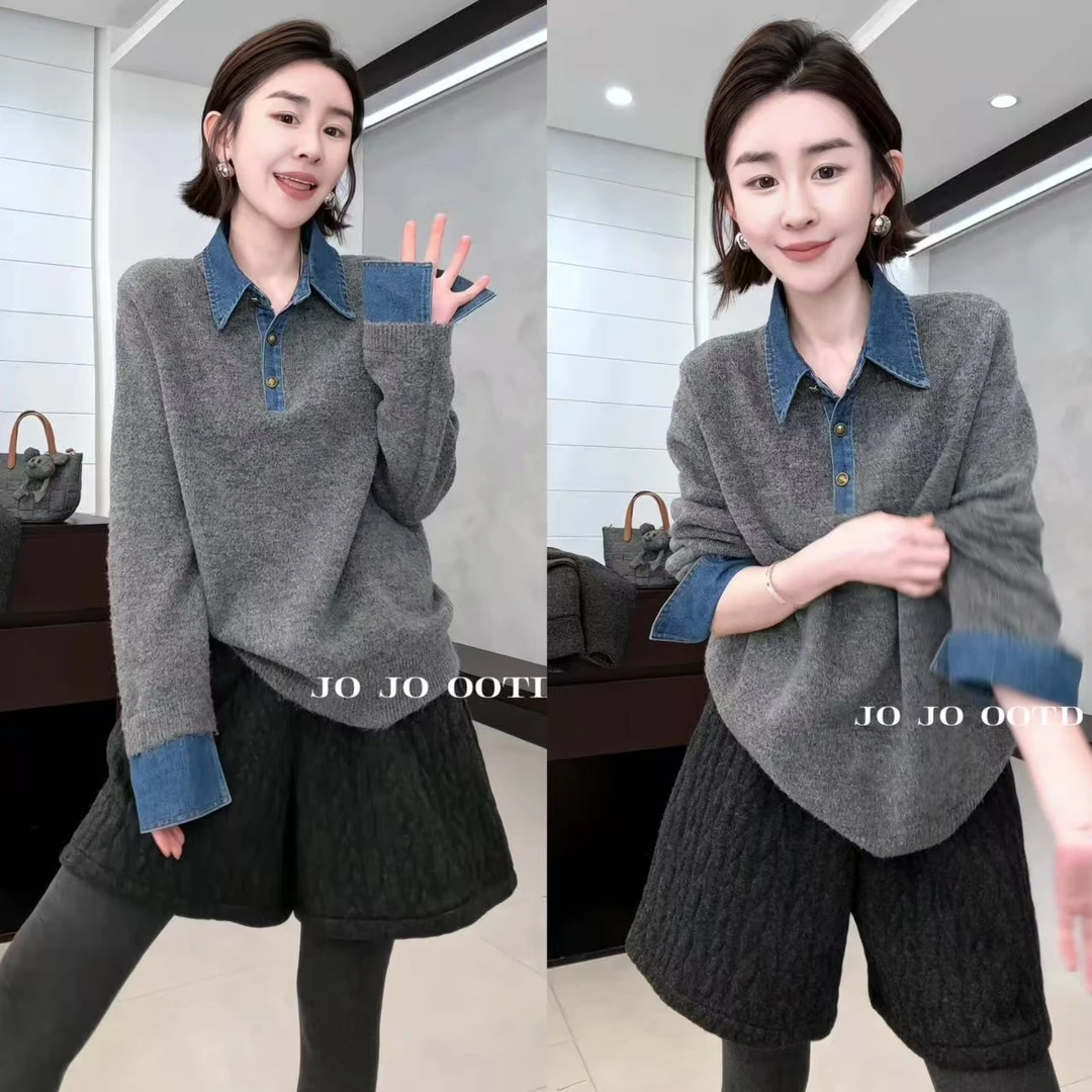 玖了个玖 2025秋季新款polo领牛仔拼接针织衫假两件上衣2510C6688
