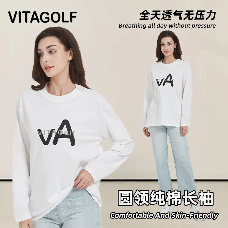 VITAGOLF针织时尚情侣秋冬长袖t恤休闲百搭圆领宽松白色纯棉