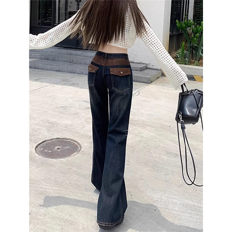 复古设计感拼接口袋不贴腿阔腿牛仔裤美式休闲猫须纹直筒阔腿裤子