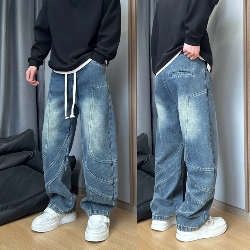 水洗男拼接复古宽松加绒加厚直筒垂感做旧抽绳阔腿撞色男士牛仔裤