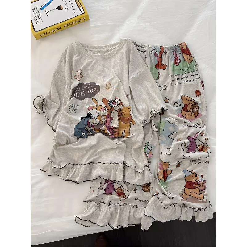 可爱卡通动物派对睡衣女夏季宽松短袖长裤少女风花边家居服可外穿