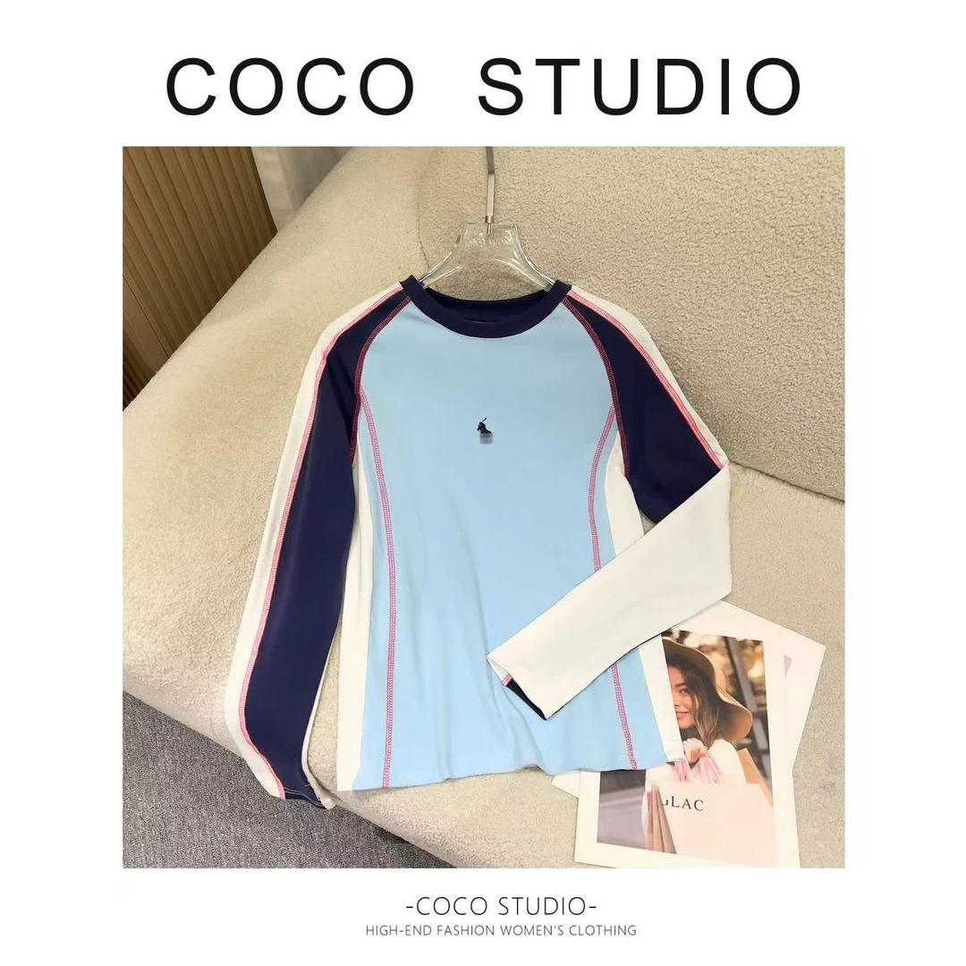长袖拼接常规抗起球T恤拼色百搭线条秋冬休闲DDS007