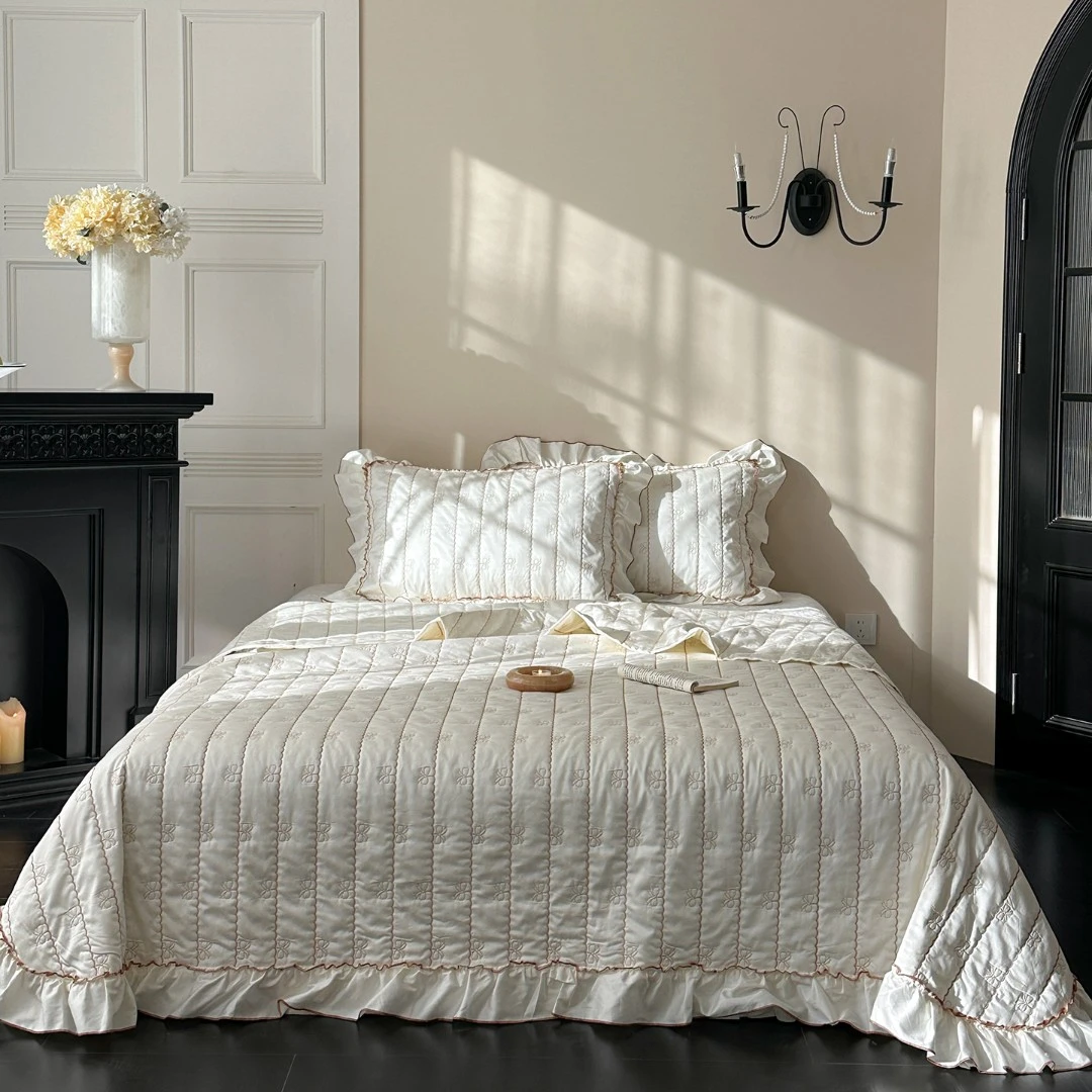 A类60支长绒棉【全棉床盖三件套】花边四季款绗缝夹棉加厚家用床品