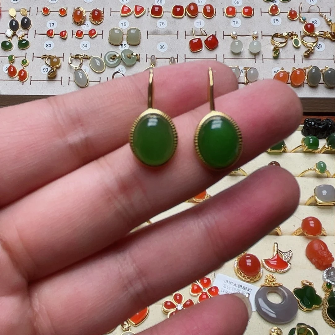 和田玉耳钩银S925镶嵌