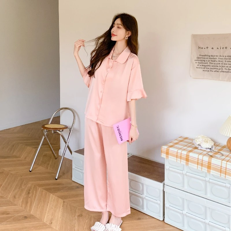 夏季睡衣女款冰丝ins短袖长裤简约风夏天凉爽家居服套装气质洋气