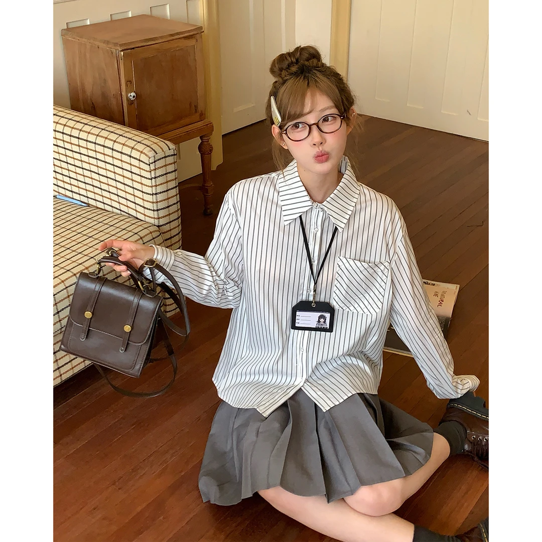 东京岁时记jk秋季新款日系学院风条纹衬衫显瘦甜美设计感上衣女