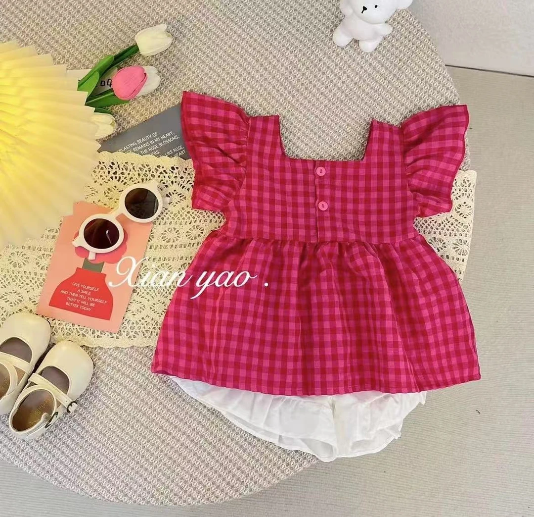 女童2025夏季新款时尚韩版甜美飞袖格子洋气百搭吊带装WL-J-B41