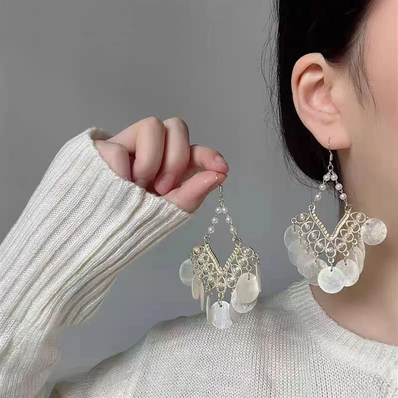 铜合金耳饰 专属 时尚复古贝壳流苏耳环轻奢高级感耳饰女N2759