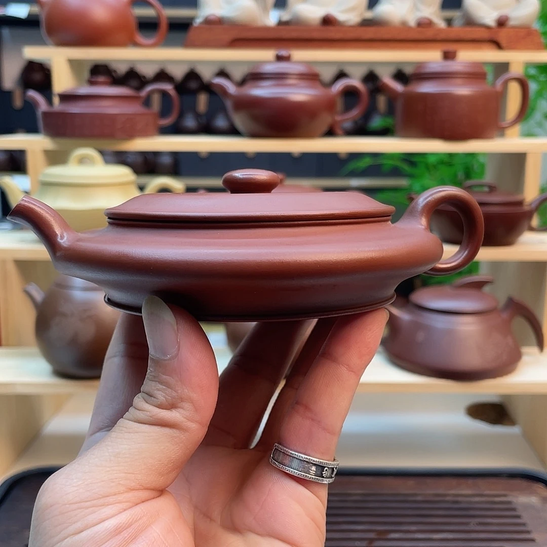 茶壶紫砂原矿红皮龙虚扁壶