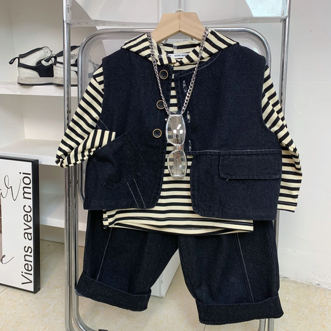 儿童韩版马甲三件套潮童时尚韩系牛仔马甲条纹卫衣牛仔长裤男童酷