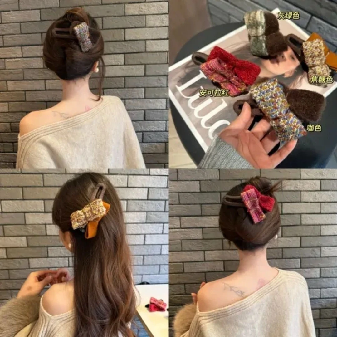 小香风蝴蝶结毛绒抓夹女气质后脑勺发夹鲨鱼夹秋冬新款高级感头饰