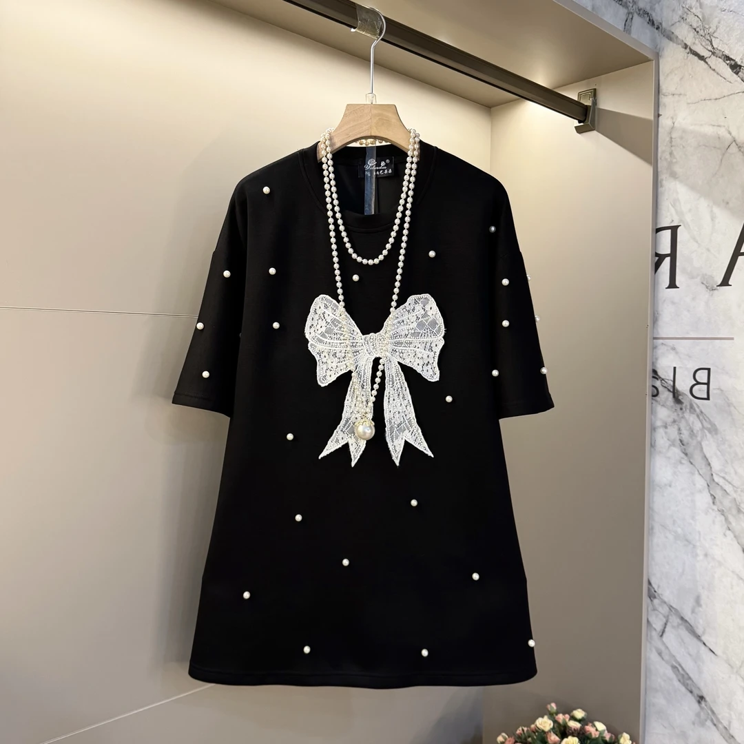 2025早春胖MM重工钉珠蝴蝶刺绣工韩系宽松百搭T恤洋气上衣
