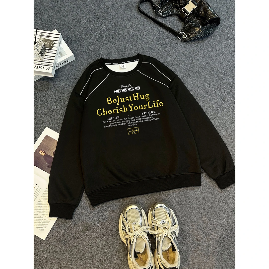 HandSeven重磅300g潮牌美式简约字母印花长袖卫衣休闲宽松百搭