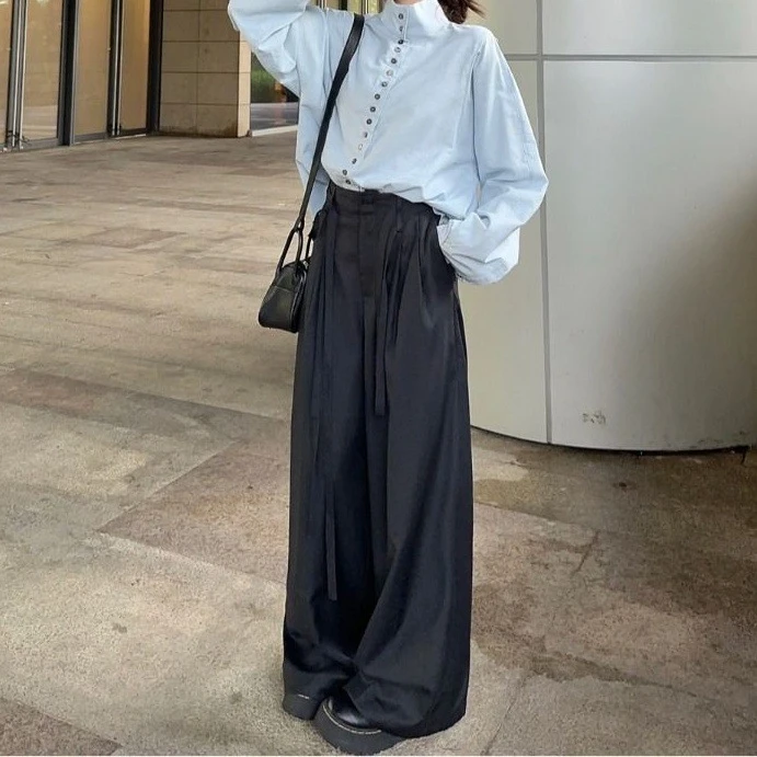 高级感气质套装女韩版时尚立领排扣衬衫上衣高腰拖地休闲裤两件套