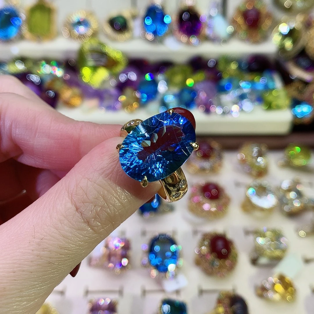 托帕石戒指银S925镀金镶嵌