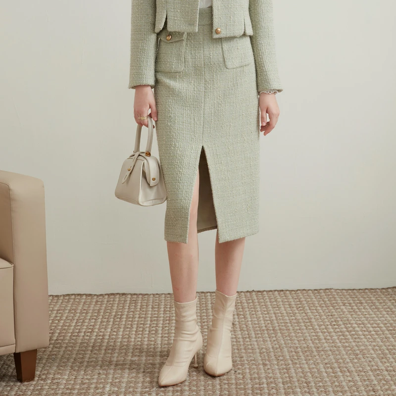 【小熊专享】恩曼琳冬季新品小香风开衩中长款半身裙女