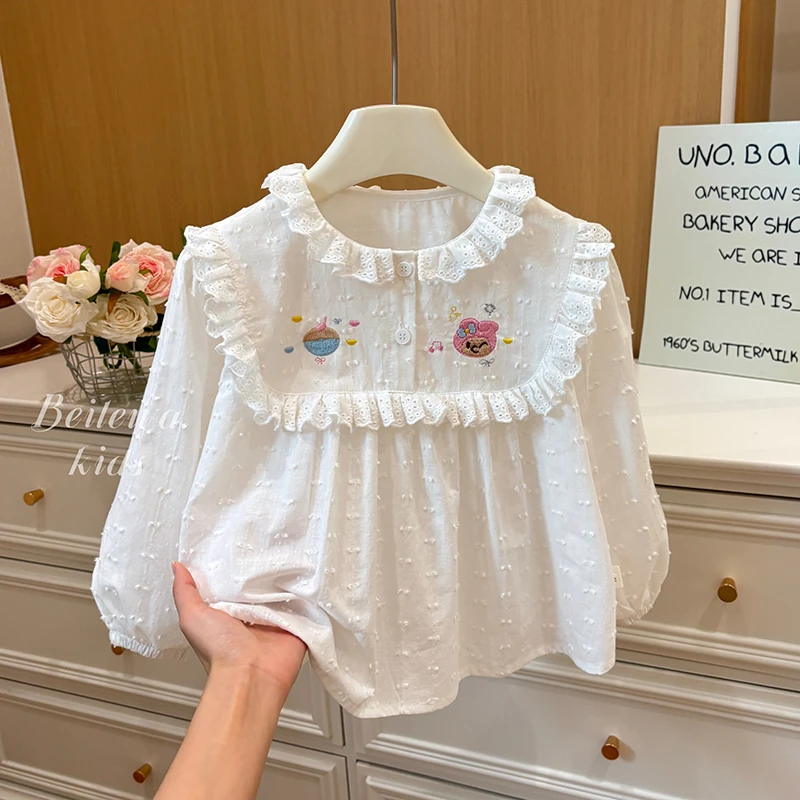 女童春秋儿童长袖百搭白色刺绣衬衫女宝宝韩版休闲款时尚洋气童装