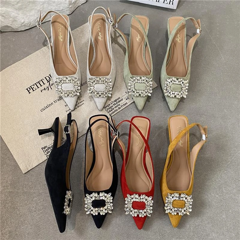 尖头细跟单鞋女夏季法式气质水钻宴会名媛气质高跟鞋包头复古凉鞋