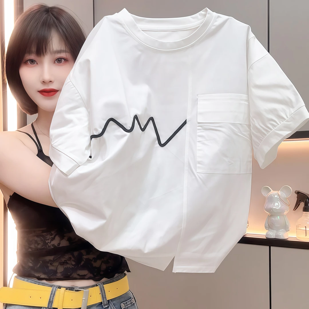 纯棉复古文艺风不规则短袖T恤女2025夏季新款独特别致洋气休闲装