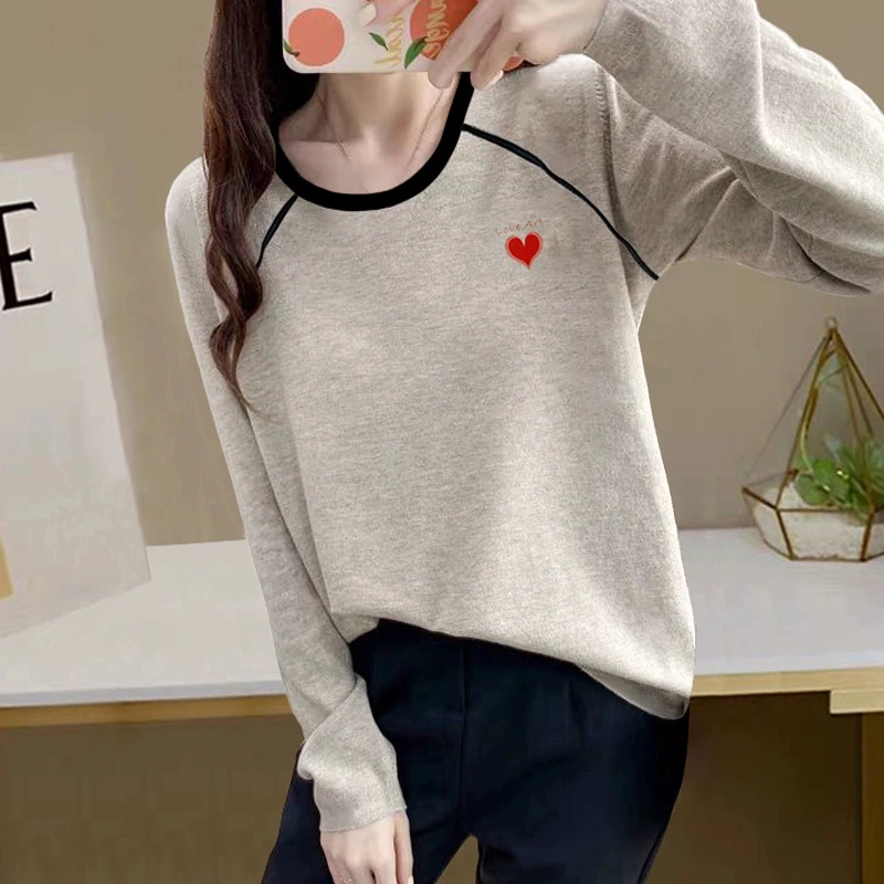 撞色拼接长袖T恤女百搭休闲米灰色上衣ins潮打底衫秋冬季新款