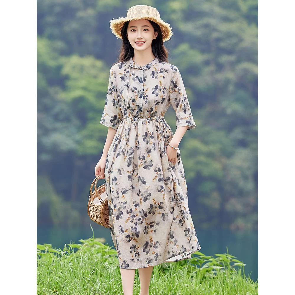 设计感苎麻碎花连衣裙2025新款女夏季文艺复古棉麻水墨长裙子薄款