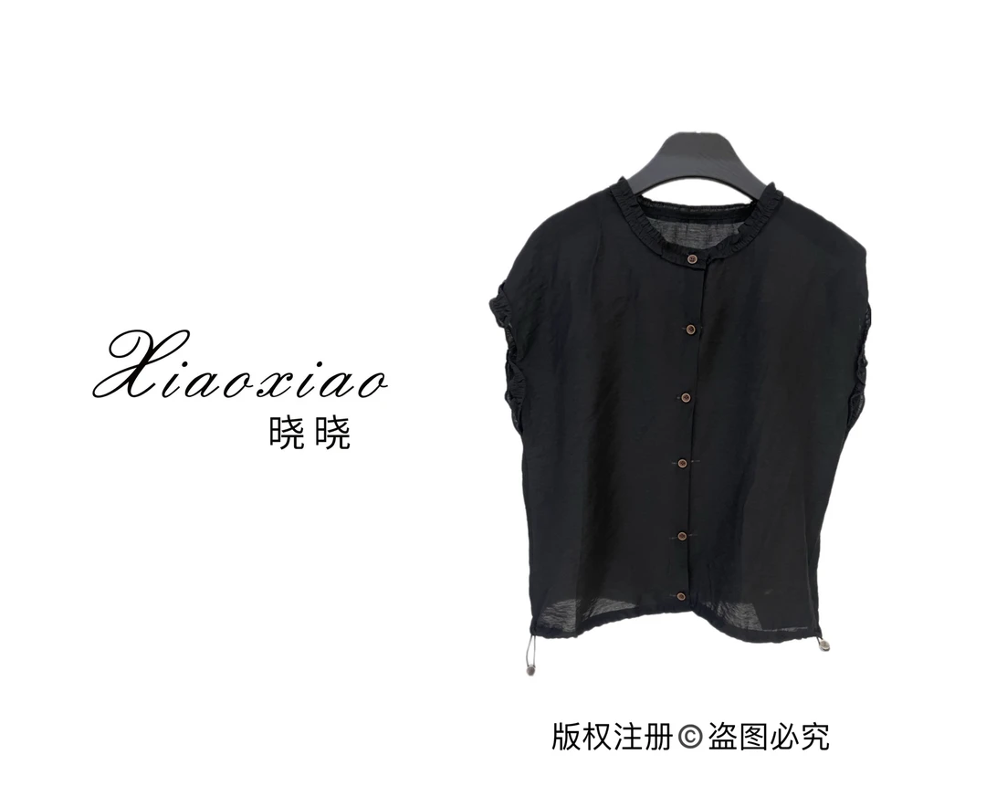 【晓晓女装】D110夏季时尚休闲百搭无袖花边领棉麻衬衫上衣