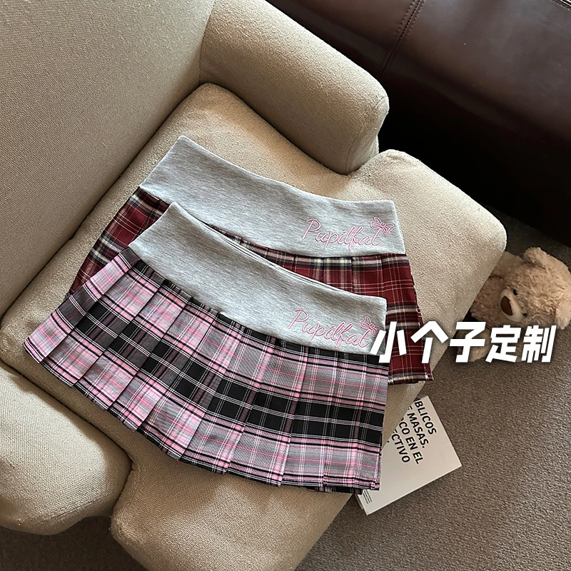 150小矮个子撞色格纹刺绣半身裙女秋学院风百褶高腰a字辣妹超短裙