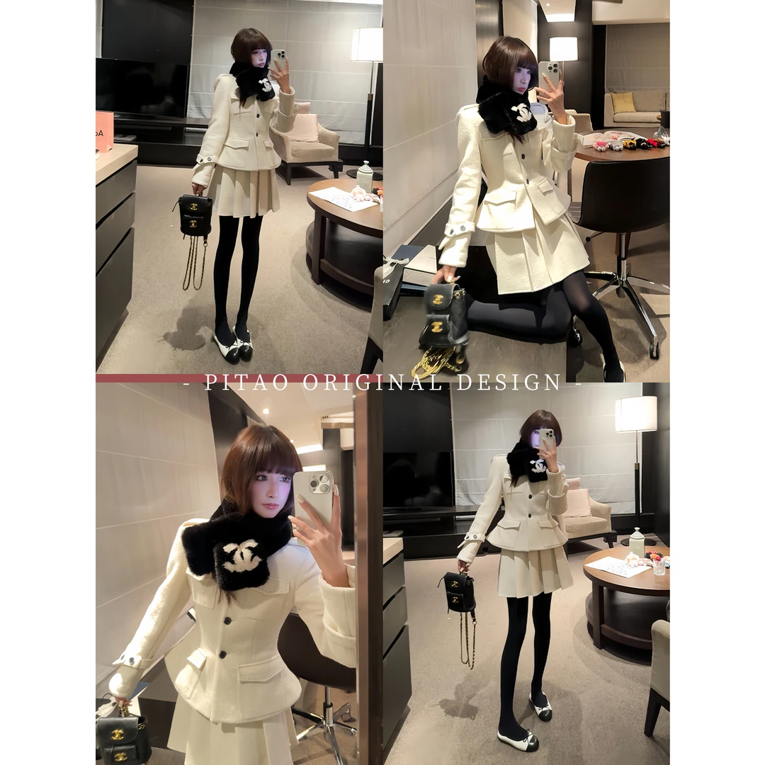 杜屁屁桃PITAO 原创【时光恋人】时尚学院风90白鸭绒羽绒服+半裙