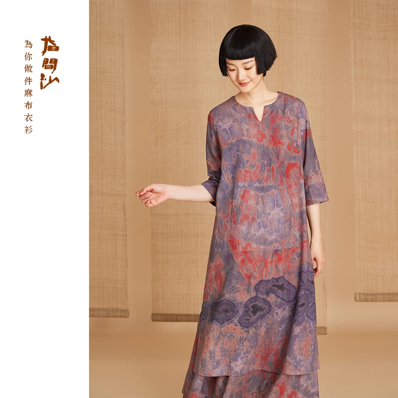 2535020指间沙原创女装 秋季新款印花A型宽松连衣裙圆V领文艺裙