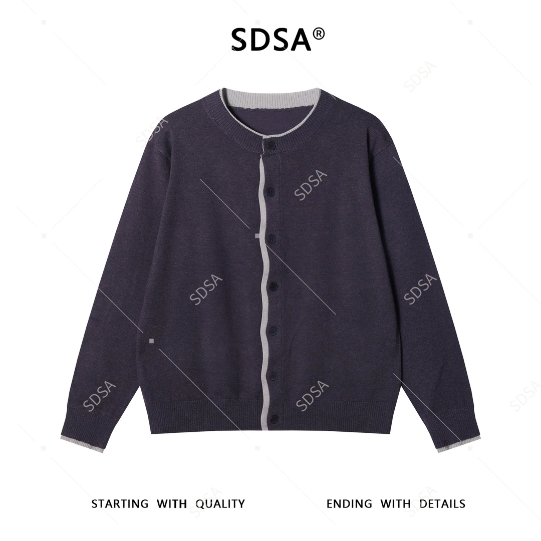 SDSA男士秋冬新款痞帅男装韩版圆领开衫针织假两件撞色毛衣百搭