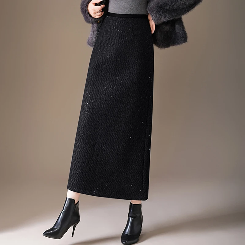 高级感时尚小香风亮闪闪开叉毛呢直筒裙2025秋冬款时髦减龄半身裙