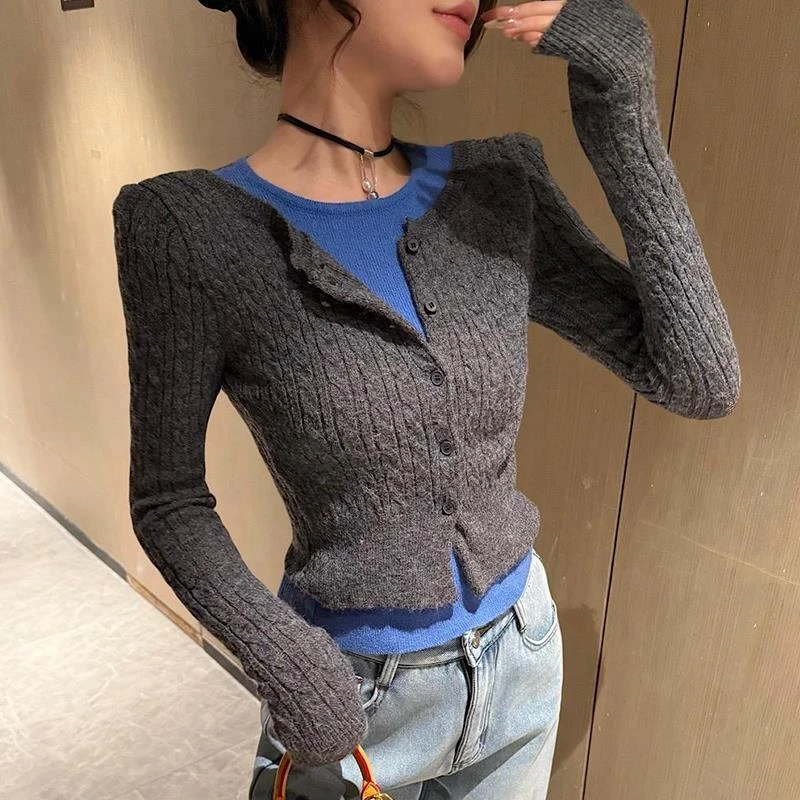 2024冬季新款气质撞色假两件毛针织衫女高级感毛衣内搭打底衫上衣