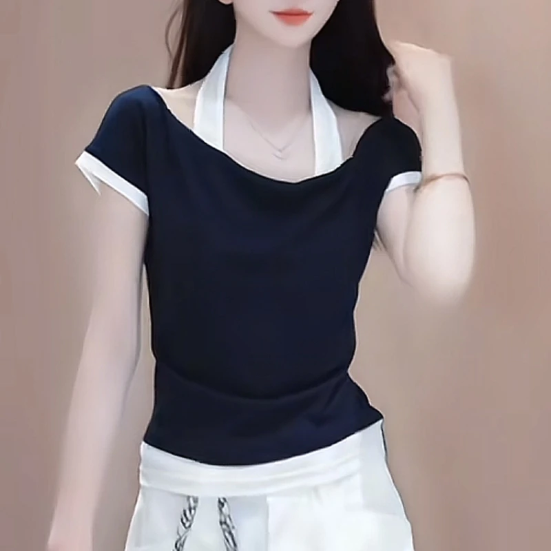 欧货V领挂脖假两件拼接短袖T恤女2025夏季新款宽松显瘦百搭上衣潮