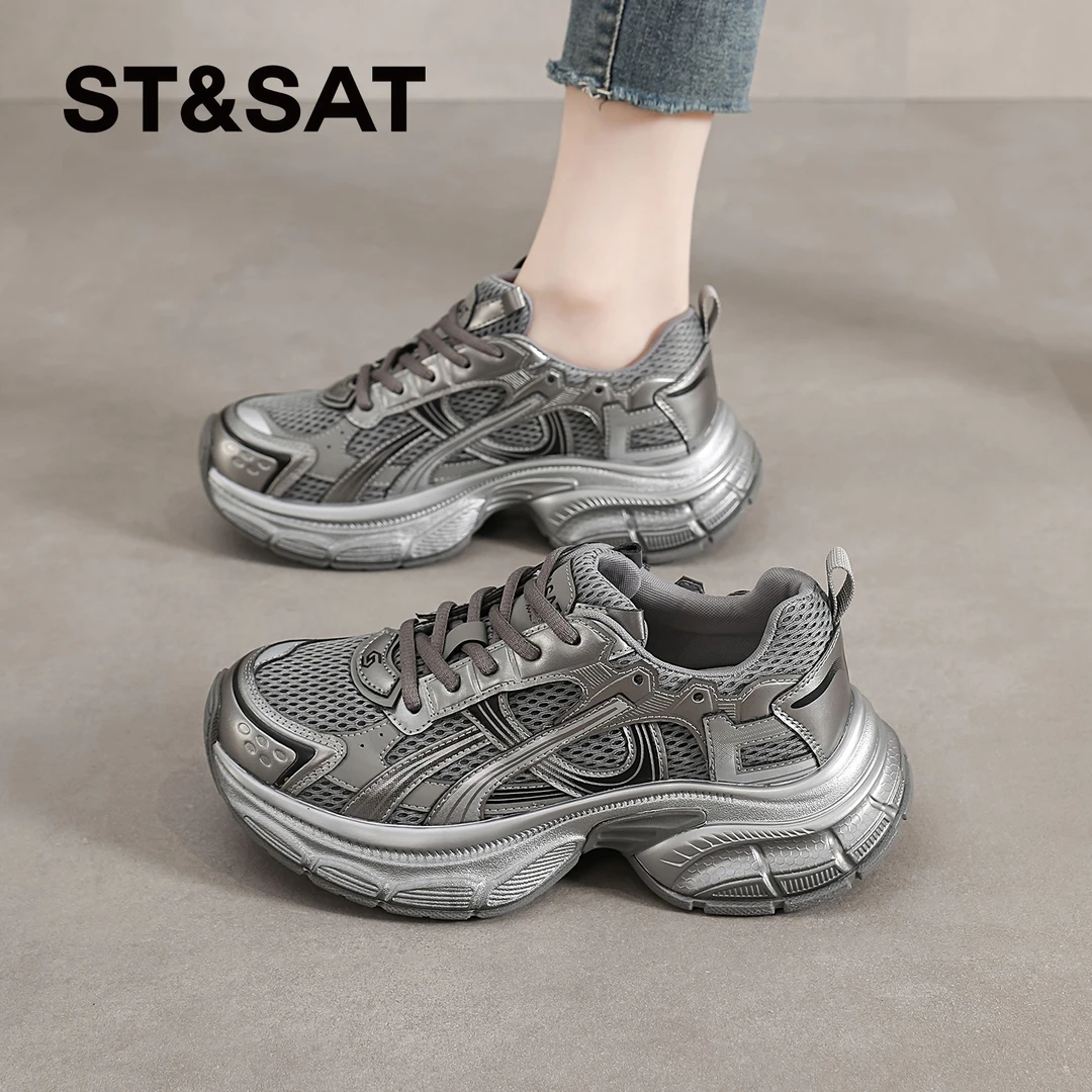 星期六休闲老爹鞋女士2025新款秋季潮流百搭网面鞋厚底增高运动鞋