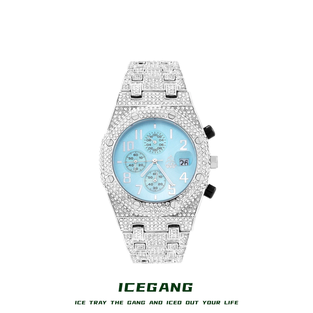 ICEGANG马尔代夫蓝满钻三眼石英腕表男女同款时尚配饰百搭手表