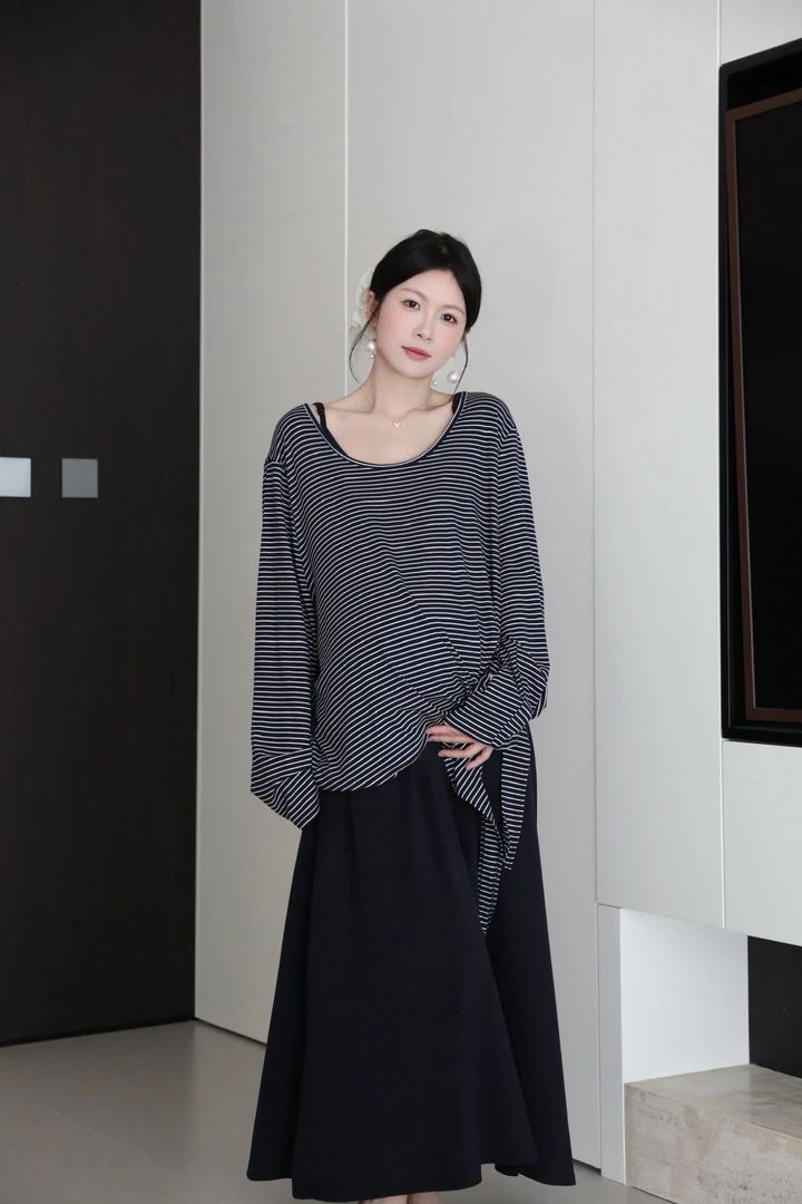 senenmu 晚风与你 秋款新款吊带裙条纹两件套套装大码孕妇装