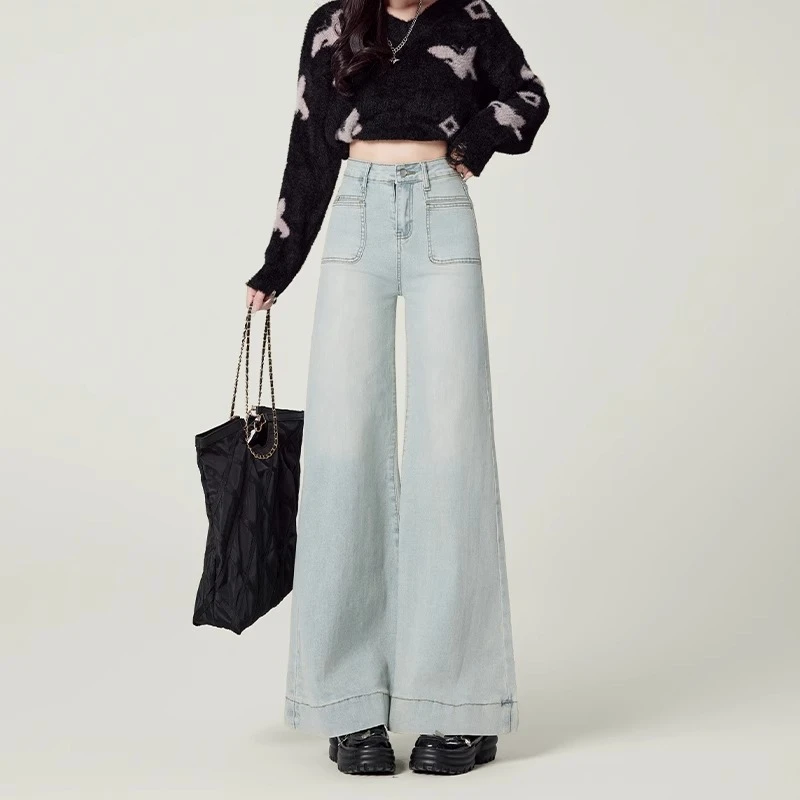 浅蓝色高腰阔腿弹力牛仔裤女2025春夏新款宽松复古显瘦垂感拖地裤