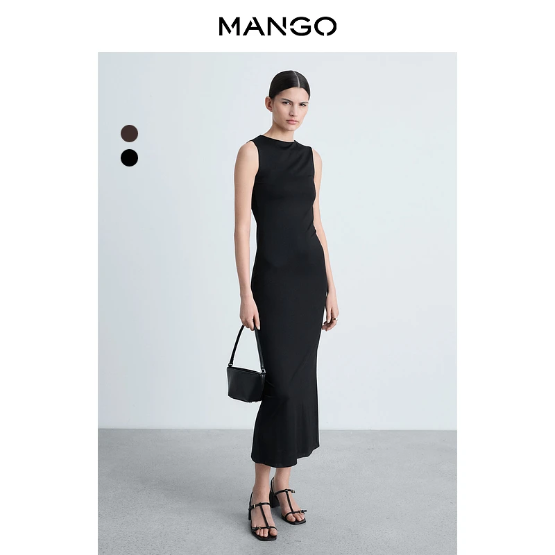 年终折扣MANGO女装连衣裙2025秋装新款修身宽肩带无袖开叉长裙