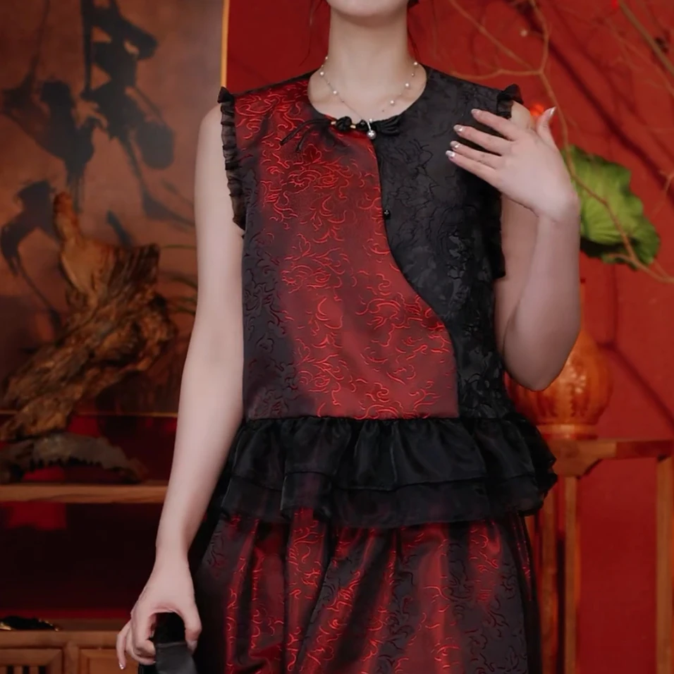 【芳菲入梦】BF32930-4酒红祥云纹刺绣宋锦提花马甲